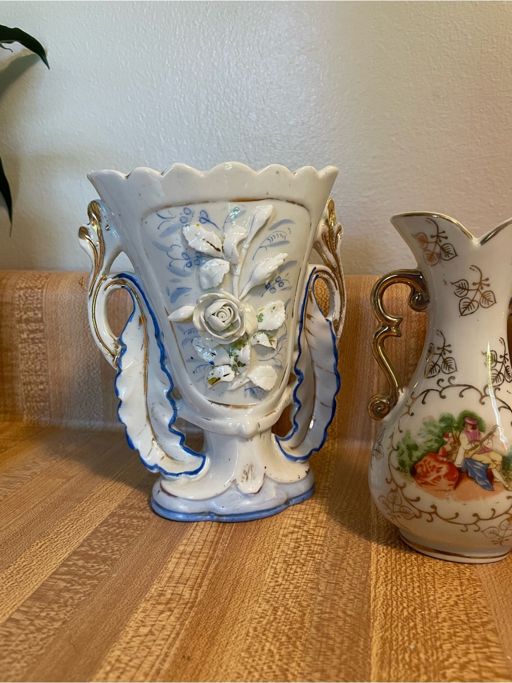 Vintage White and Blue Floral Ceramic Vase with Gold Handles